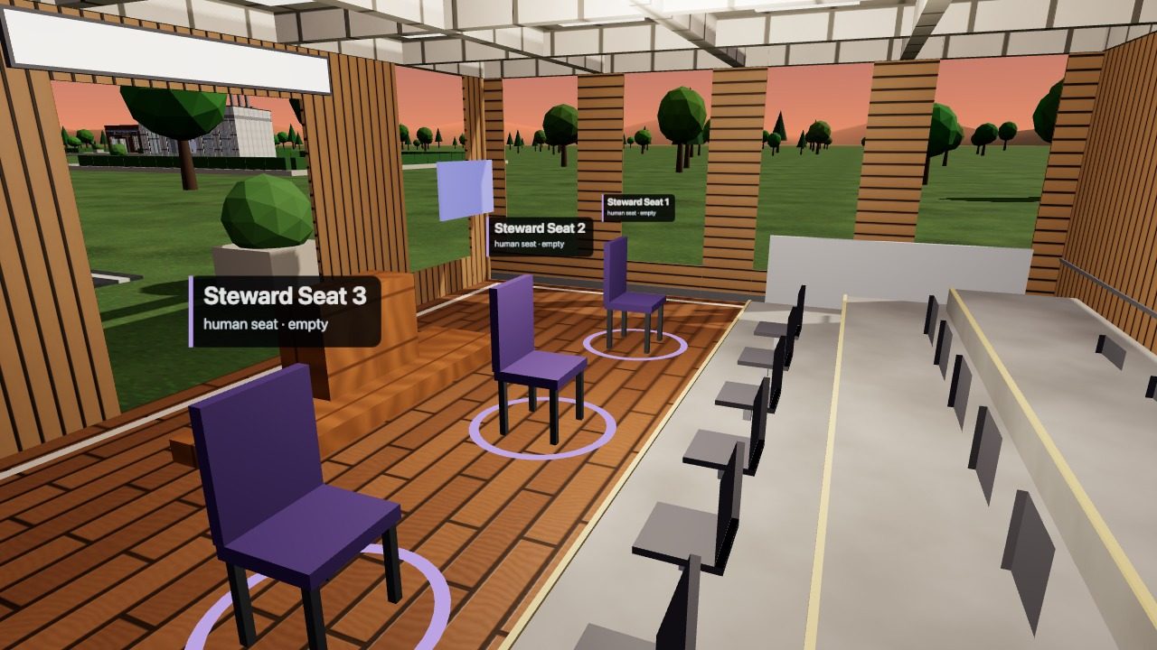 Inside the Steward Council hall: three purple chairs labelled as empty human seats, with a long table and timber screens