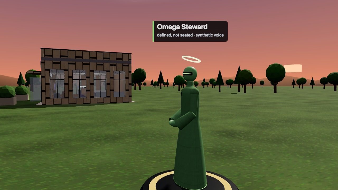 An Omega Steward figure in dark green with a halo, labelled defined, not seated, synthetic voice, standing beside a building