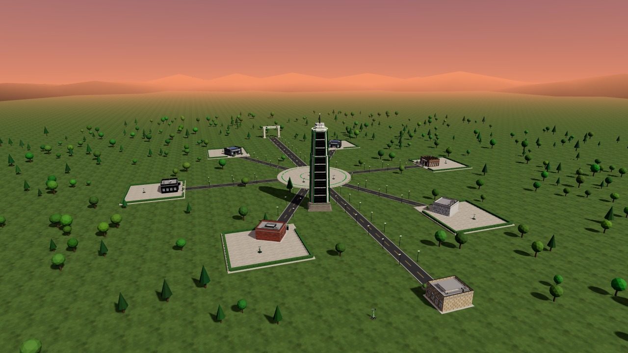 Orbit view of a whole world: a central plaza and landmark tower with roads radiating to zone buildings on a green plain